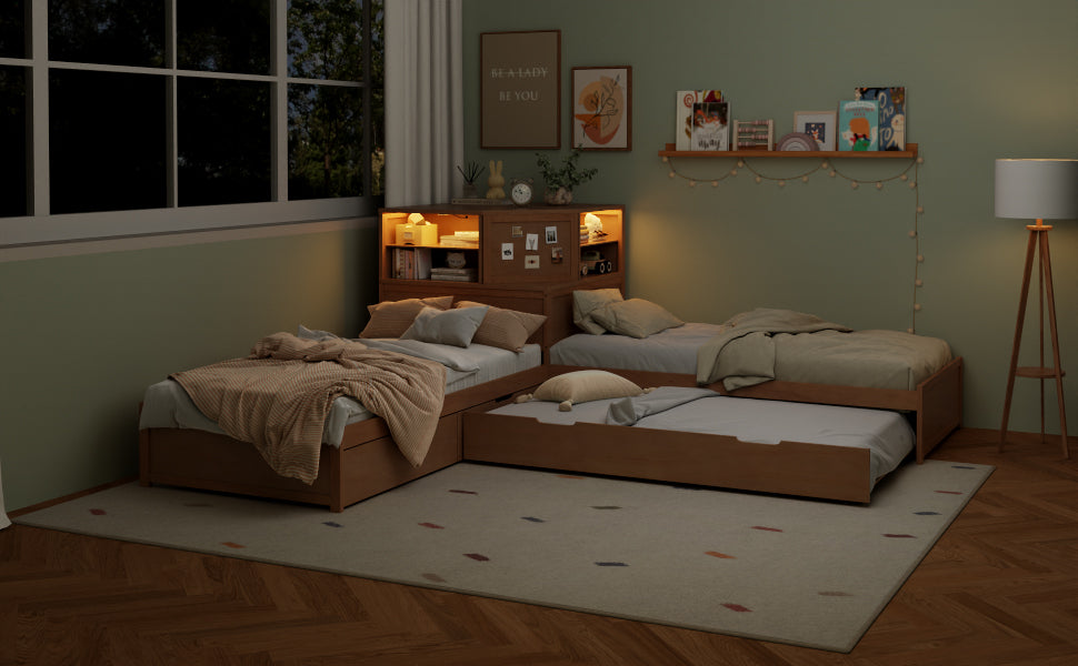 L-Shaped Combination Twin Bed Frame with Trundle and Drawer