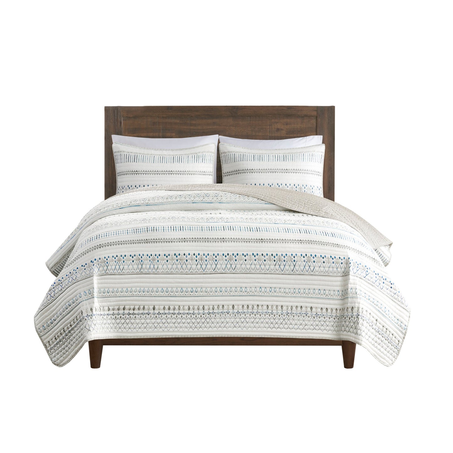 3 Piece Seersucker Quilt Set Taupe/Blue Full/Queen