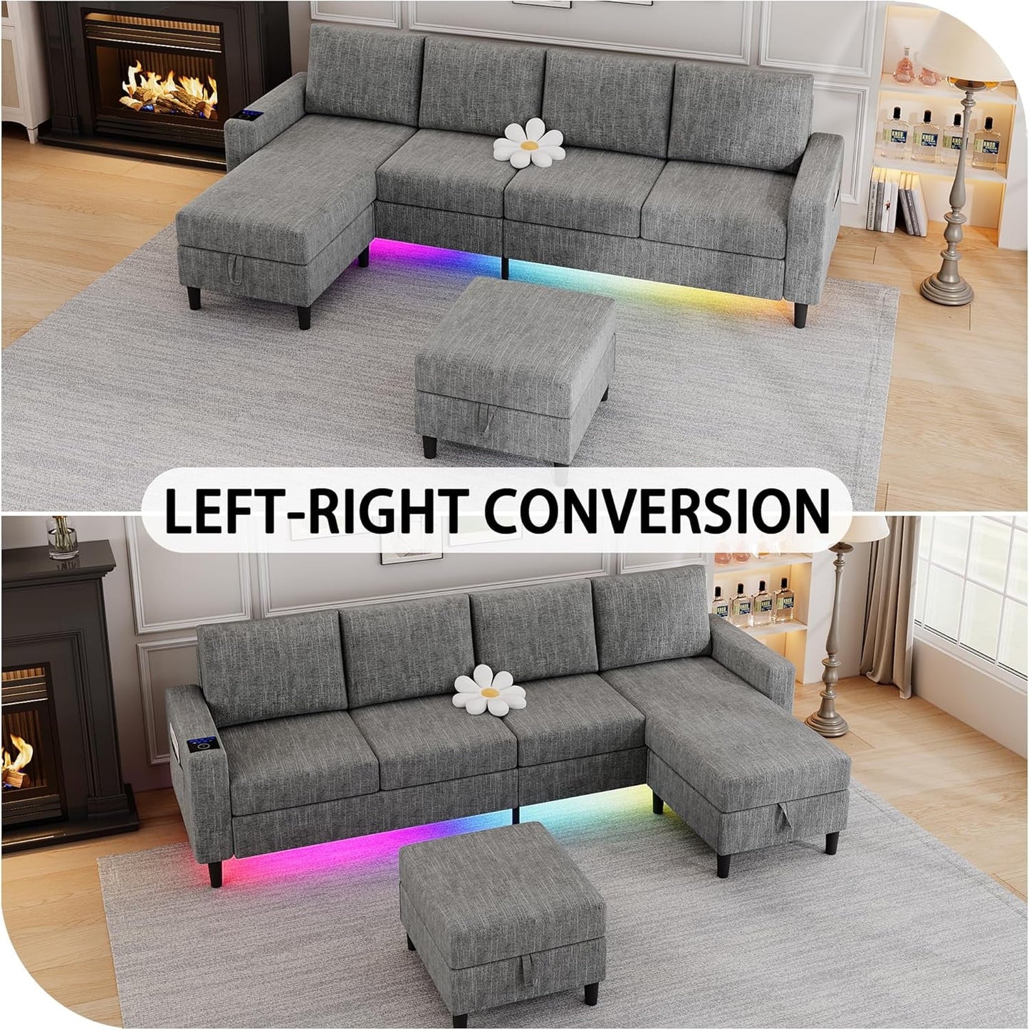Light Grey 4 Seat Reversible Chaise Sectional Sofa