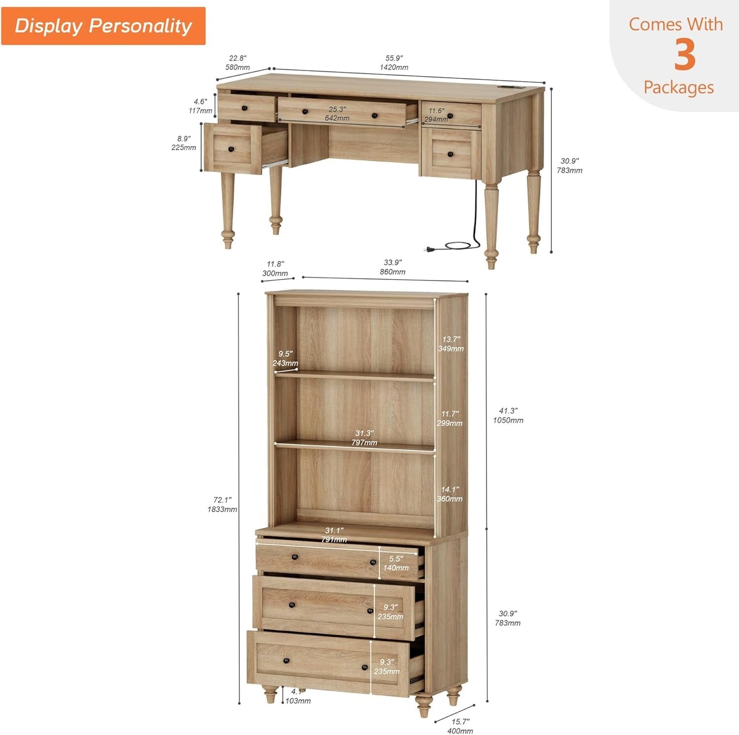 Oakwood Finish 56-Inch Executive Desk With USB Charging