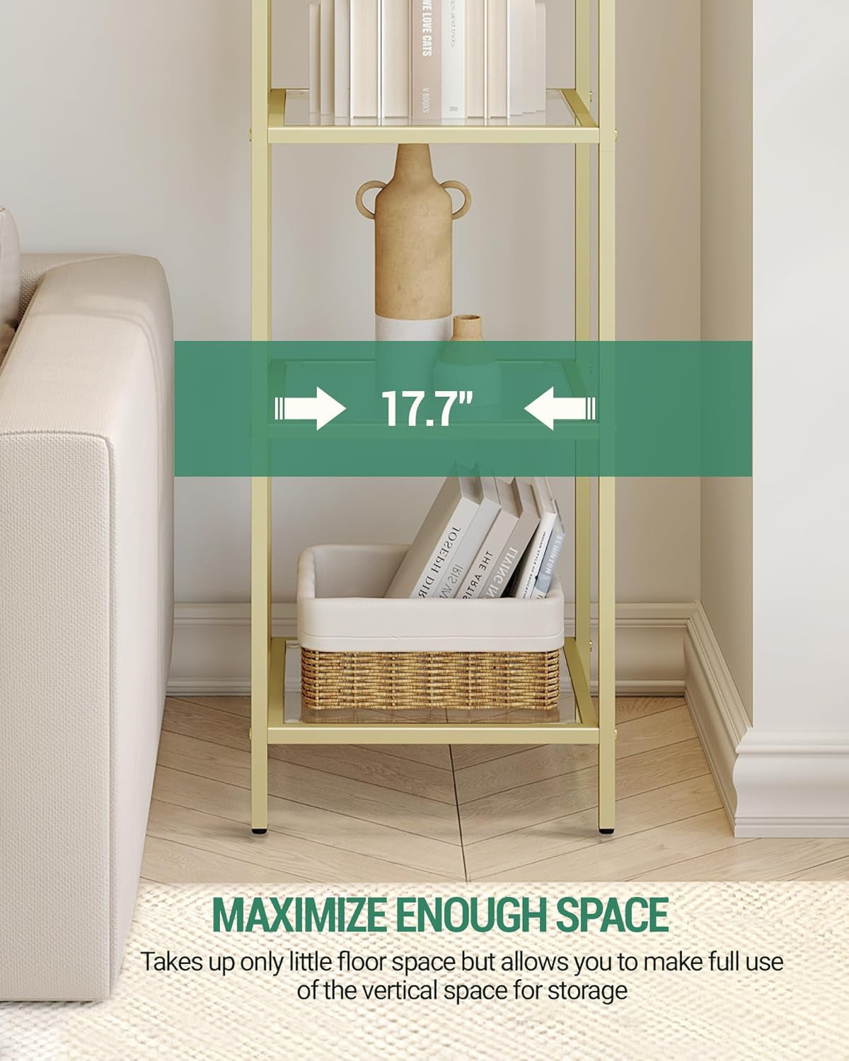 Bookcase Bookshelf 6 Tier Gold Tempered Glass Arched Top