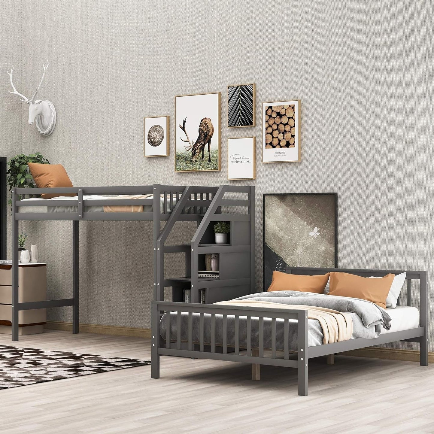 Gray Twin Over Full Bunk Bed With Storage Stairs Solid Wood