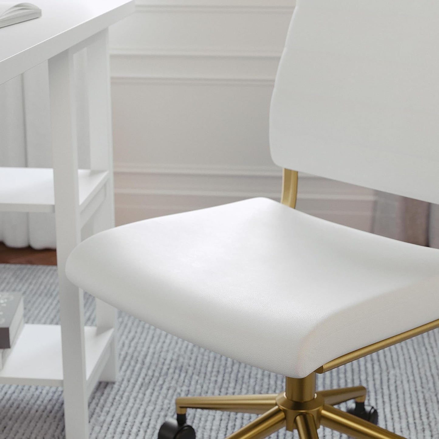 White Faux Leather Armless Swivel Chair Brass Frame