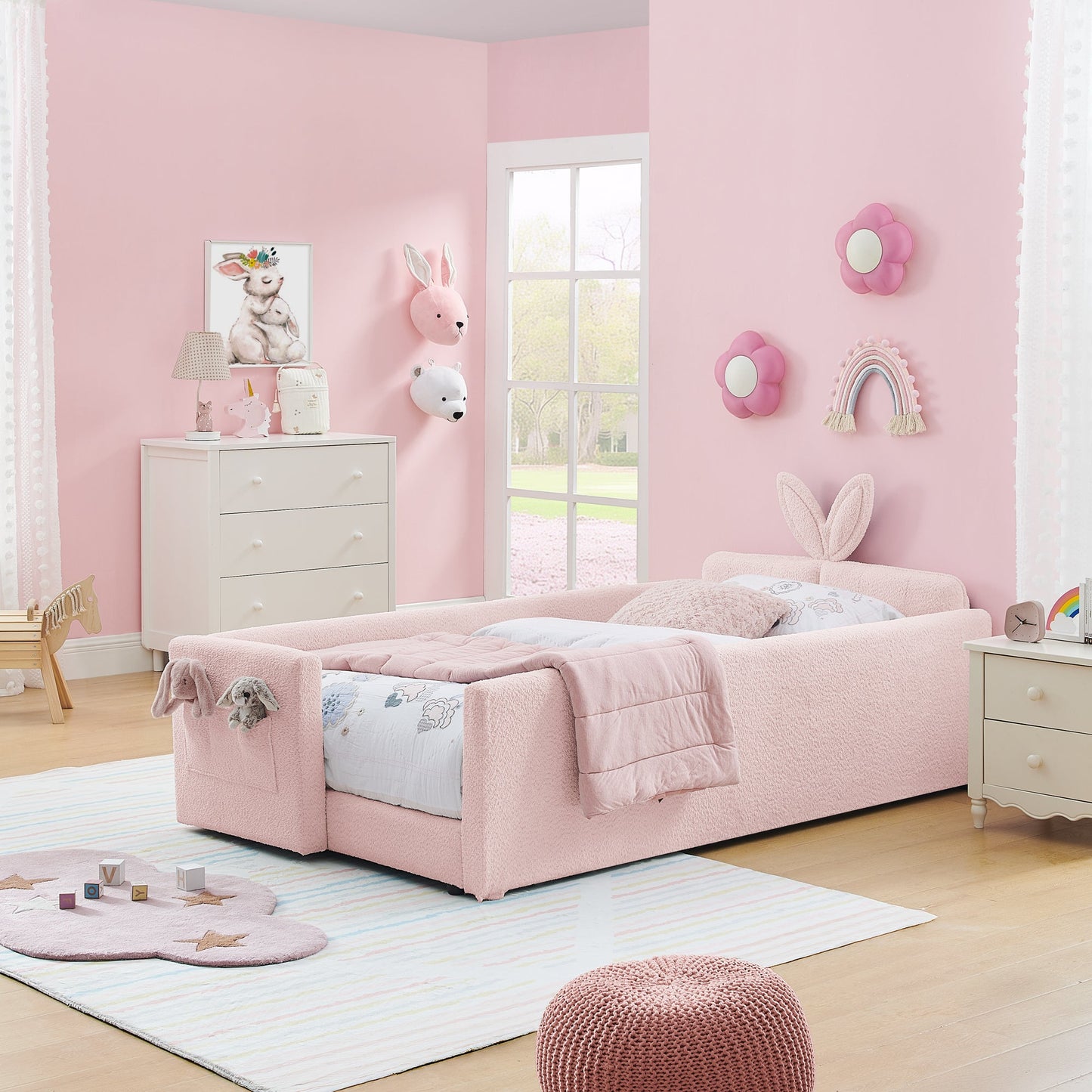 Twin Size Upholstered Platform Bed with Rabbit Ear Headboard