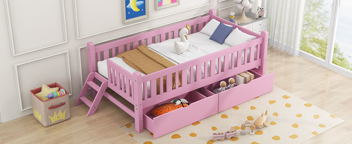 Wood Twin Size Platform Bed with Guardrail and 2 Drawers