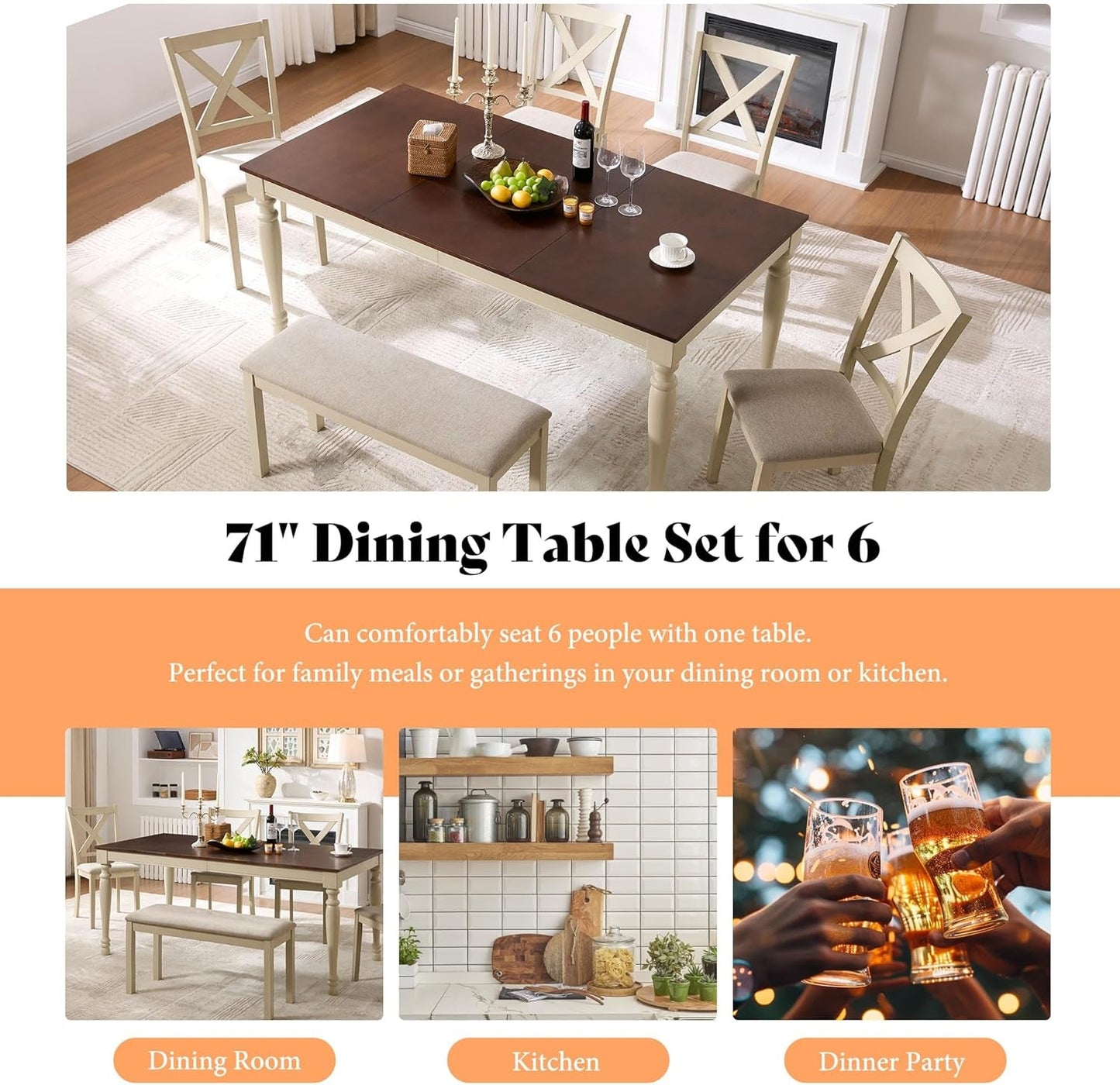 71 Inch Premium Solid Wood Dining Table Walnut Finish