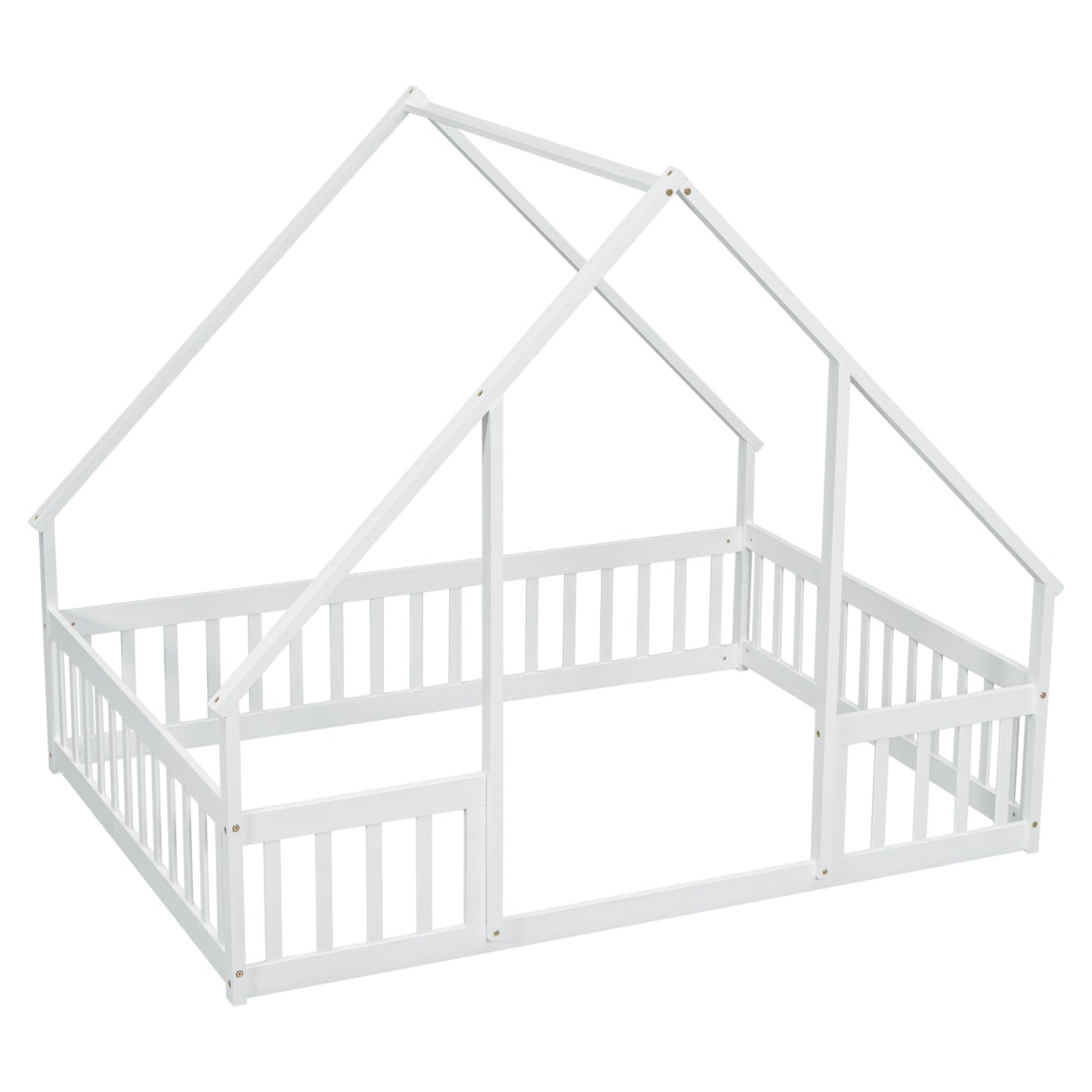 Full Wood House-Shaped Floor Bed with Fence, Guardrails