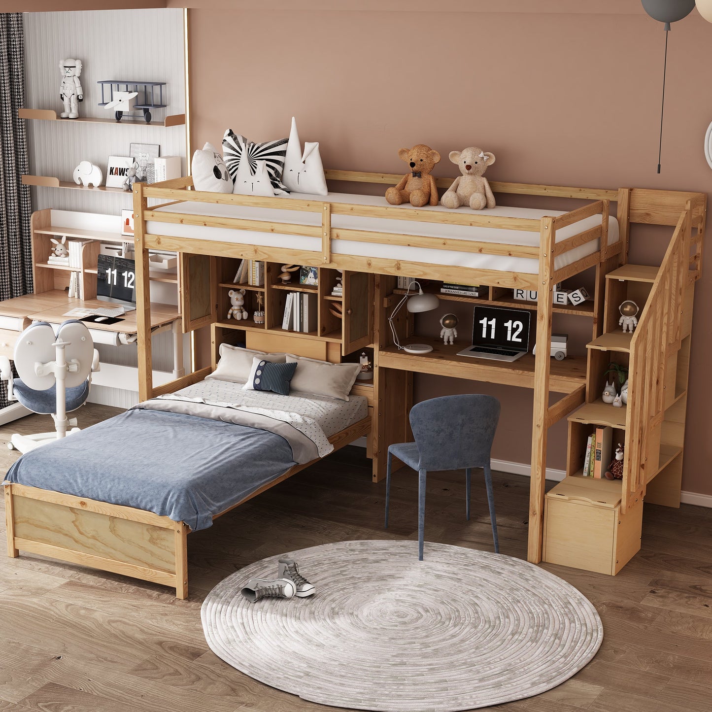 Twin Over Twin Loft Bed with Built-in Desk and Staircase