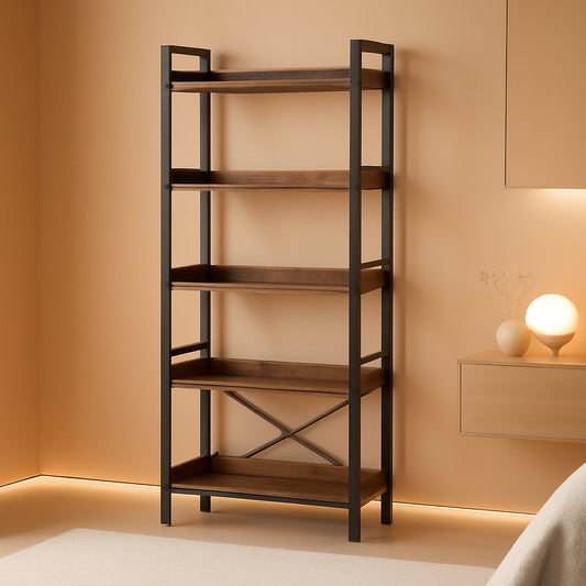 Adjustable Six Tier Industrial Wood Black Metal Bookcase