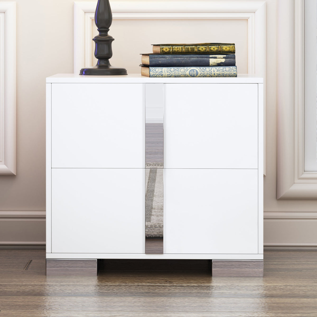 Elegant Nightstand with Metal Foot, Mirrored Bedside Table