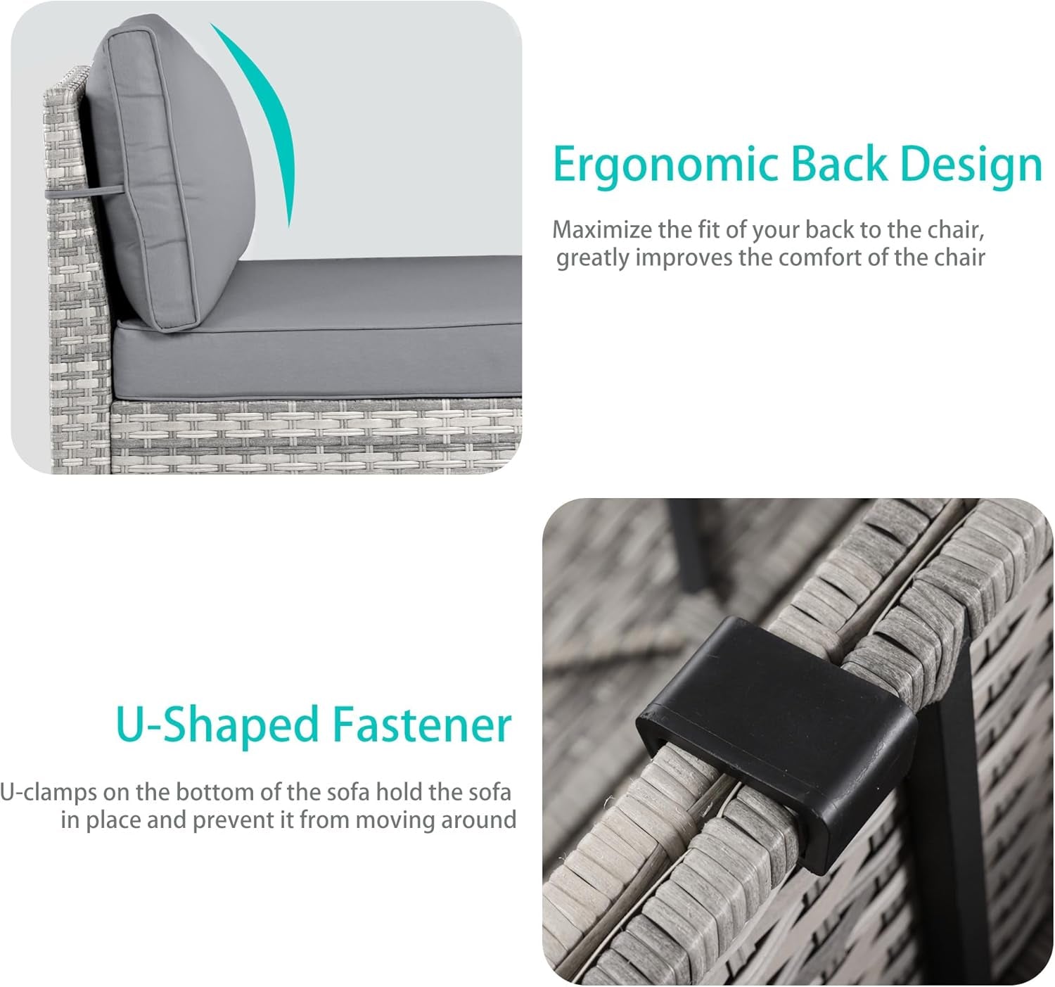 Close-up features of the 6-Piece Outdoor Wicker Patio Set With Grey Cushions showing ergonomic back design and U-shaped fastener.