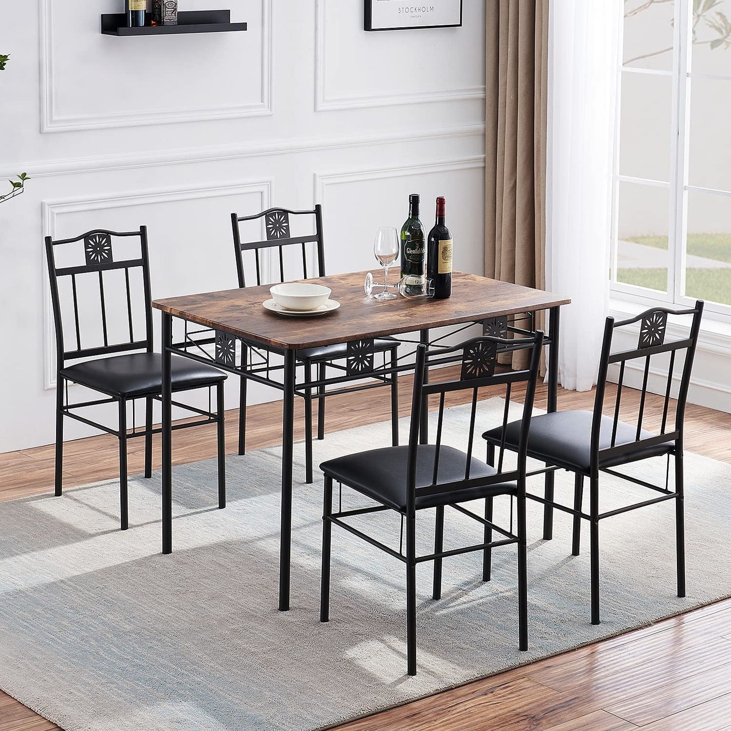 Dining Table Set For 4 With Wood Top Table And Stowable Chairs In Retro Brown
