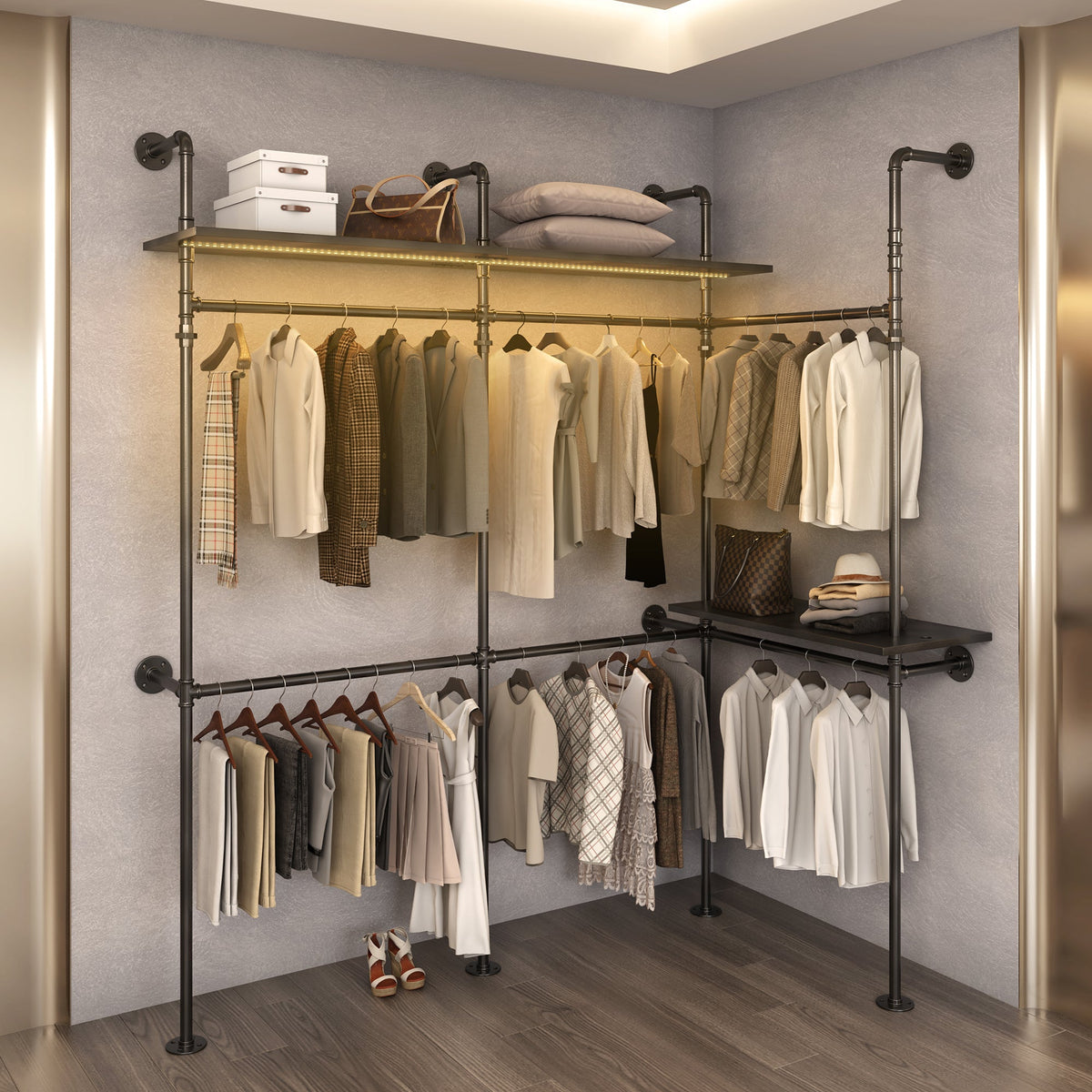 Industrial Pipe Clothing Rack with LED Lights & Shelves
