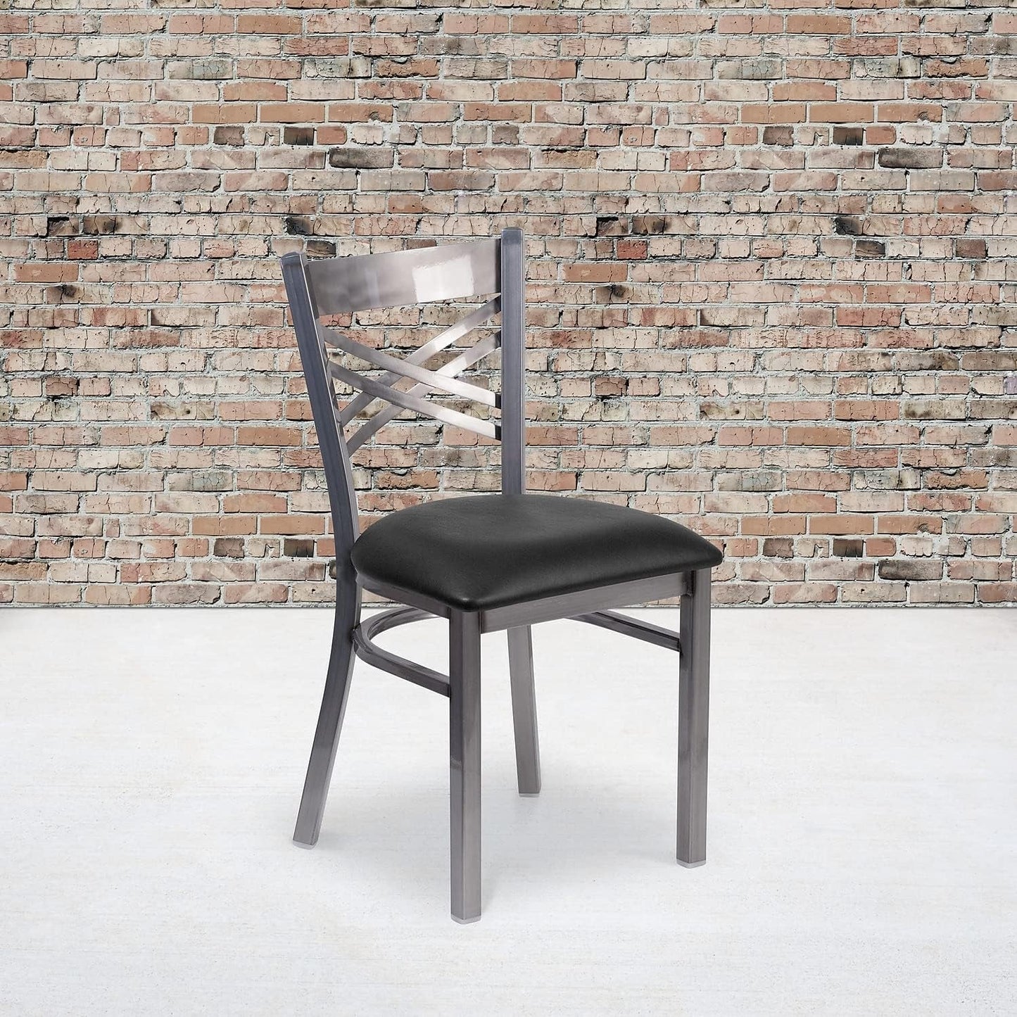 Two Pack Hercules Series Clear Coated X Back Metal Restaurant Chair Black Vinyl Seat