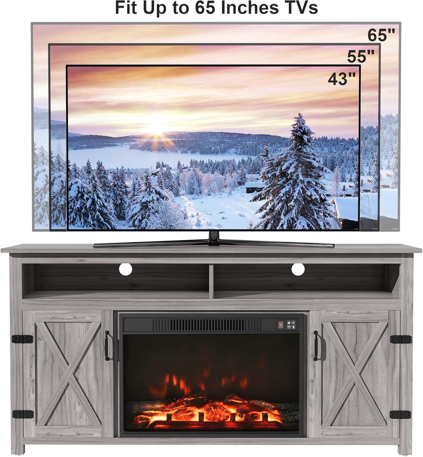 Rustic Fireplace TV Stand 65 Inch with Barn Doors Grey Wash
