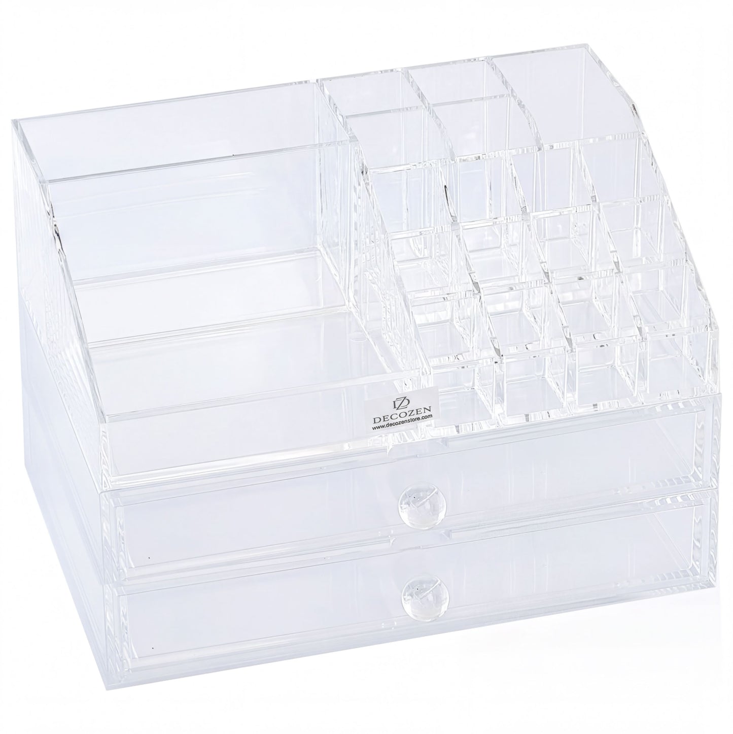 Clear Makeup Organizer - Acrylic Cosmetic Storage Box with 19 Slots & 2 Drawers