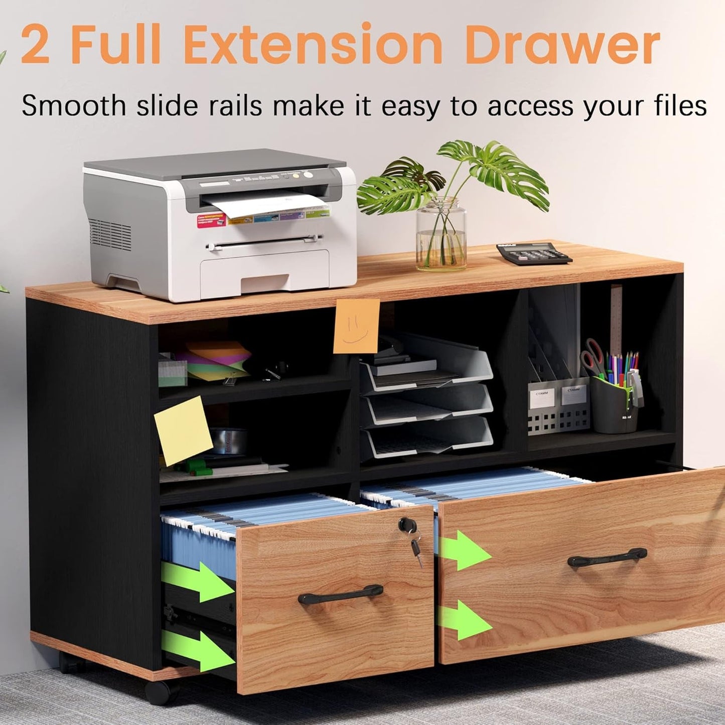 Wooden 2 Drawer File Cabinet Lockable Rolling with Adjustable Shelves Rustic Brown and Black