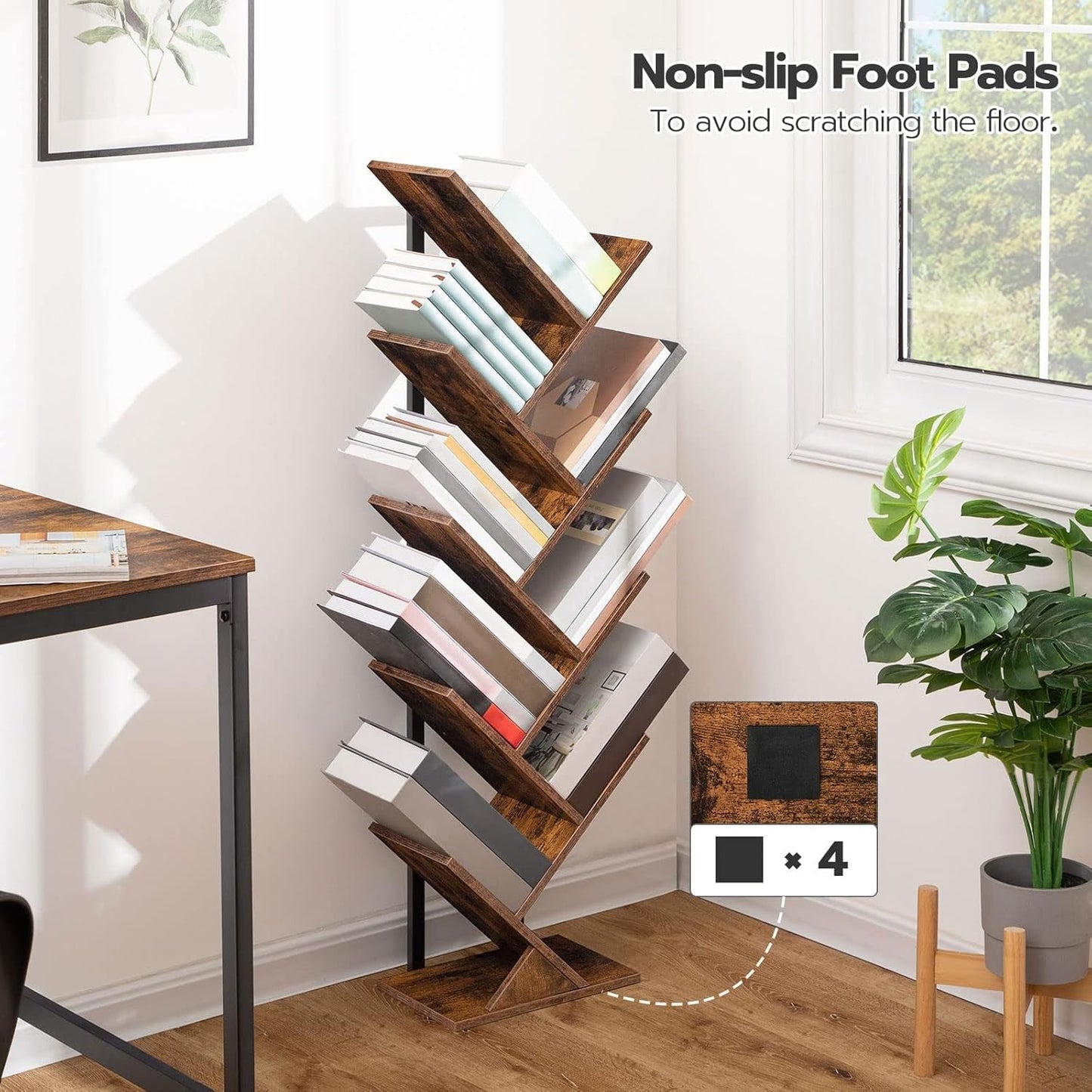 Tree Bookshelf 9 Tier Rustic Brown Living Room Bookcase
