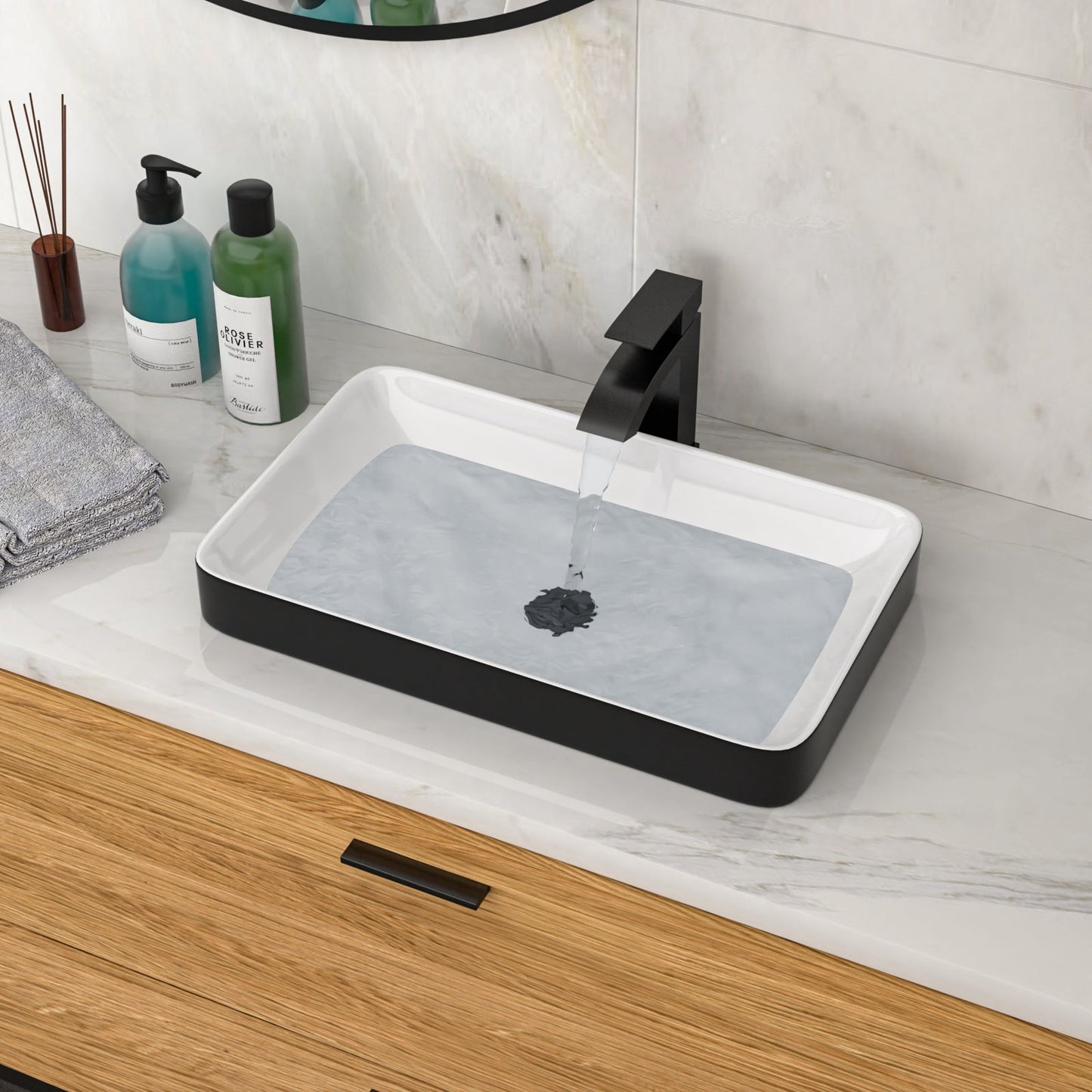 19"x12" White & Black Semi-Recessed Ceramic Bathroom Sink