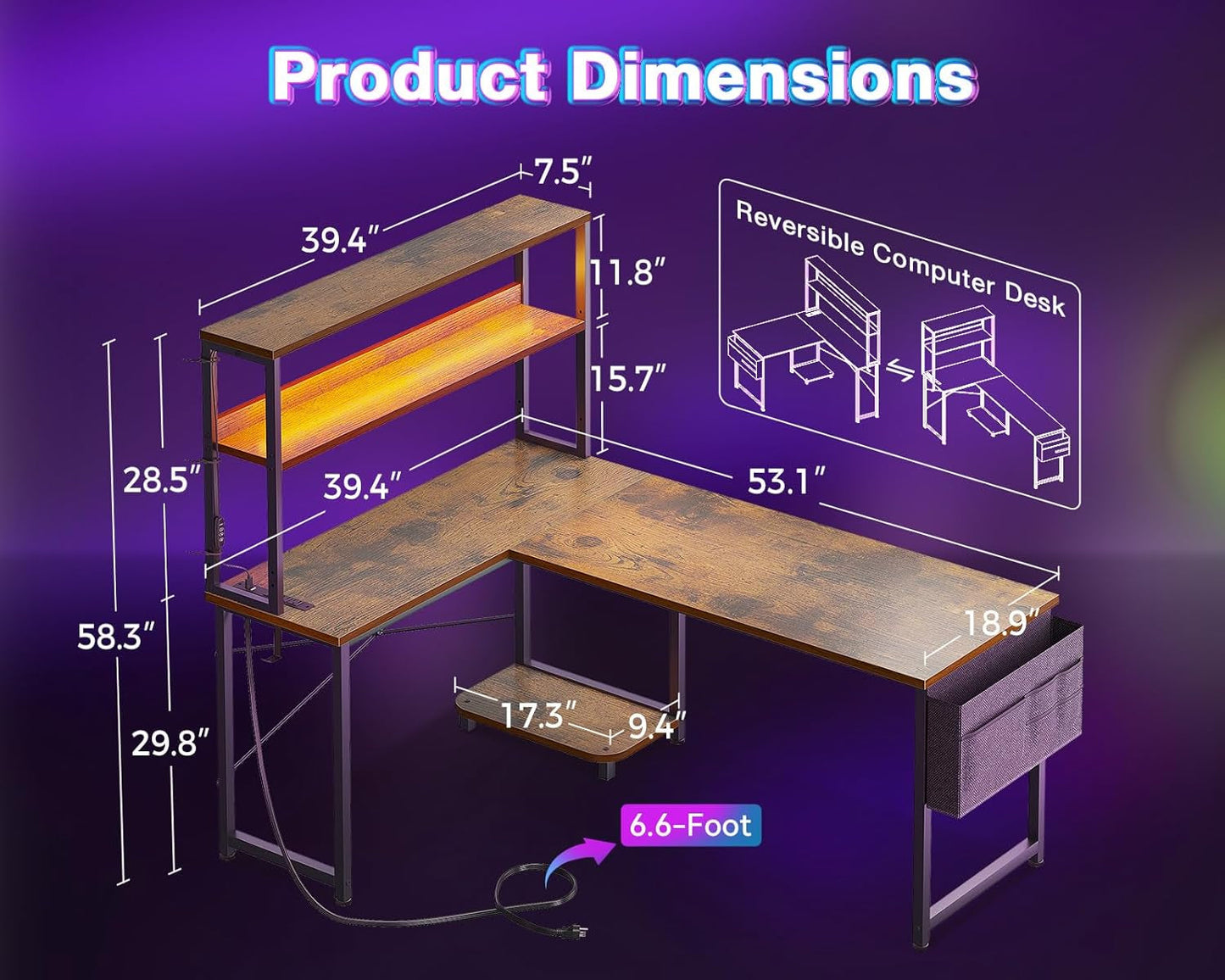 53 Inch L Shaped Desk With LED Lights And Power Outlet