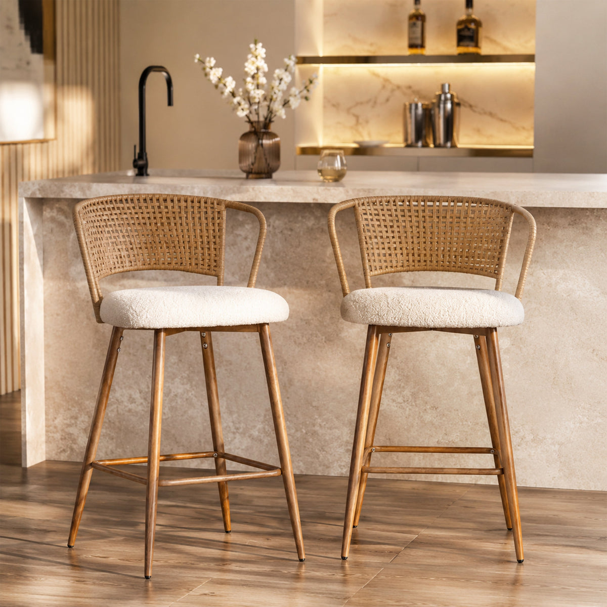 Rattan Backrest Bar Stools Set of 2