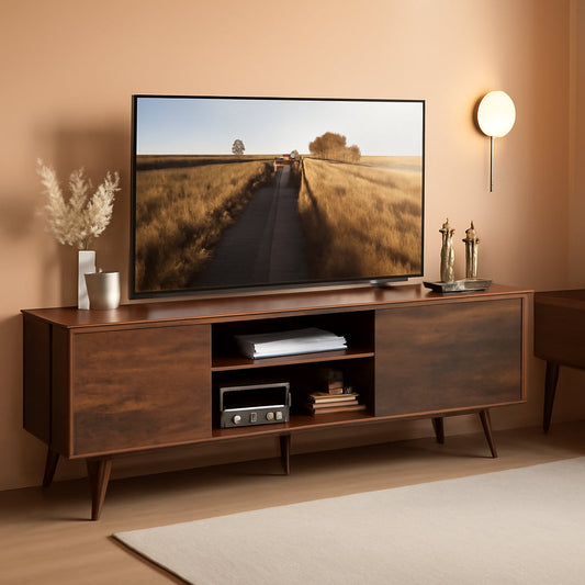 Mid Century TV Stand 55 to 60 Inch Retro Brown Finish
