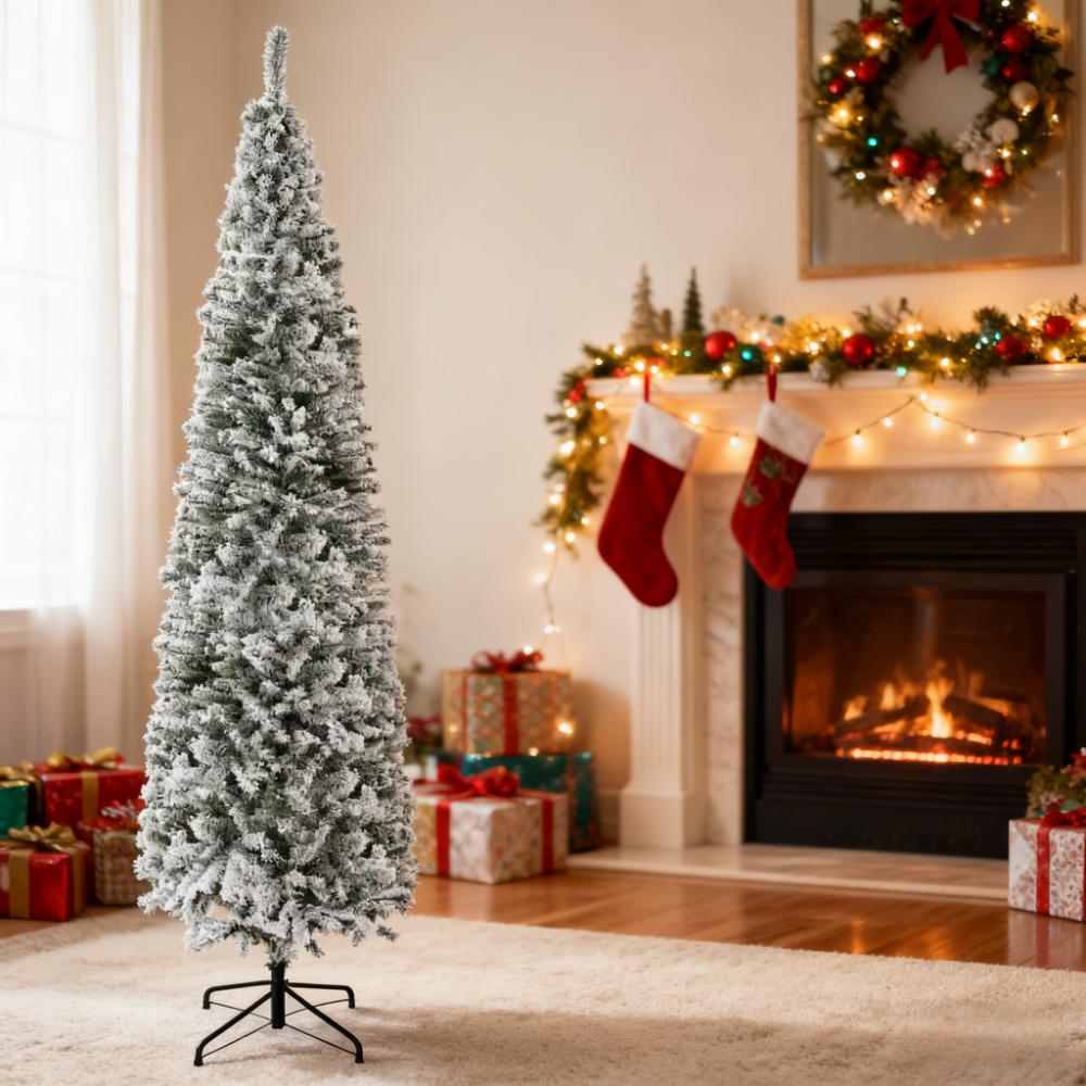 9ft Flocked Pencil Christmas Tree with Faux Snow
