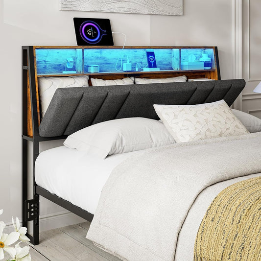 Ergonomic Queen Size Headboard with LED Lights Storage