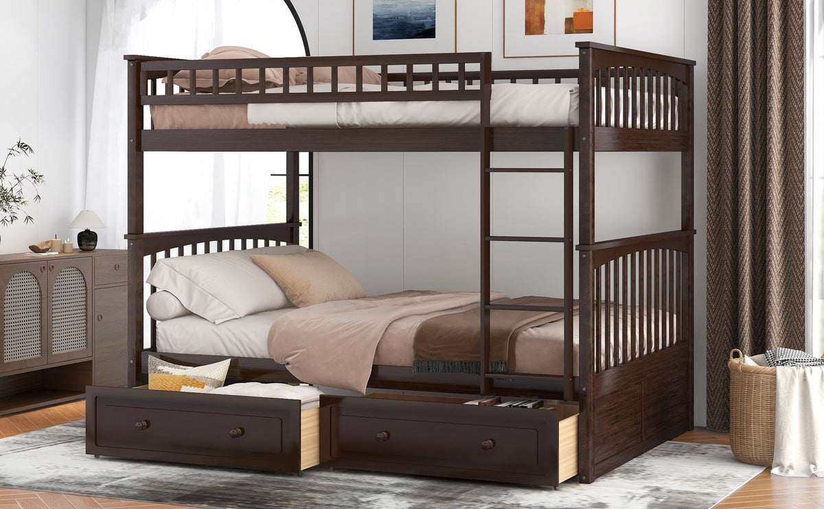 Full Over Full Bunk Bed With Drawers, Convertible Beds, Gray