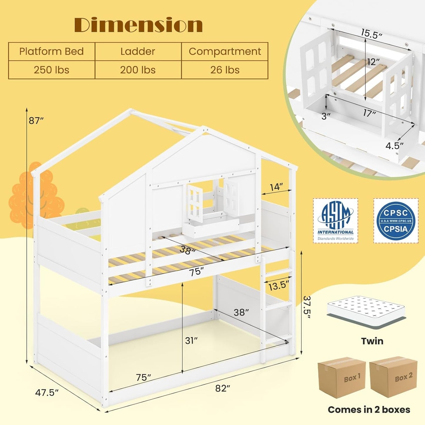 Twin Over Twin White Wood House Bunk Bed For Kids Room