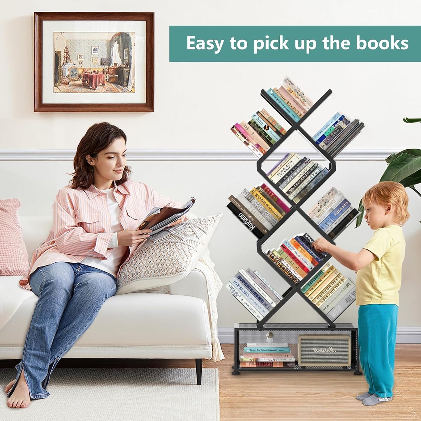 Folding Bookshelf 9 Tier Tree Design With Storage Cabinet