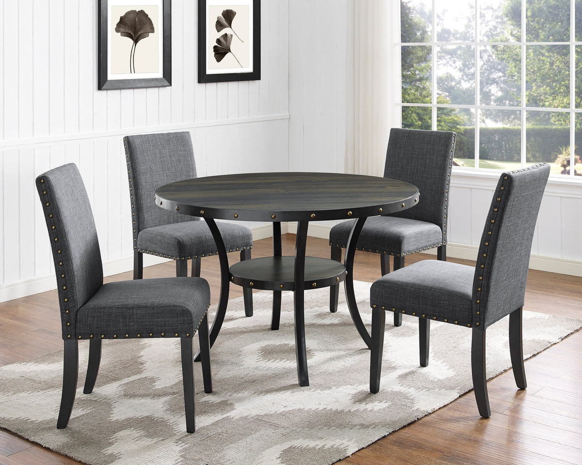 Biony Espresso Wood Dining Set With Gray Fabric Chairs