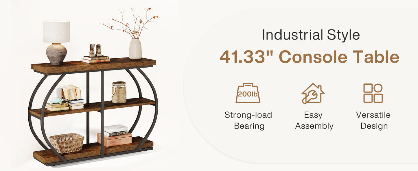 41.3" Industrial Console Table, 3-Tier Entryway Table with Arched Metal Frame