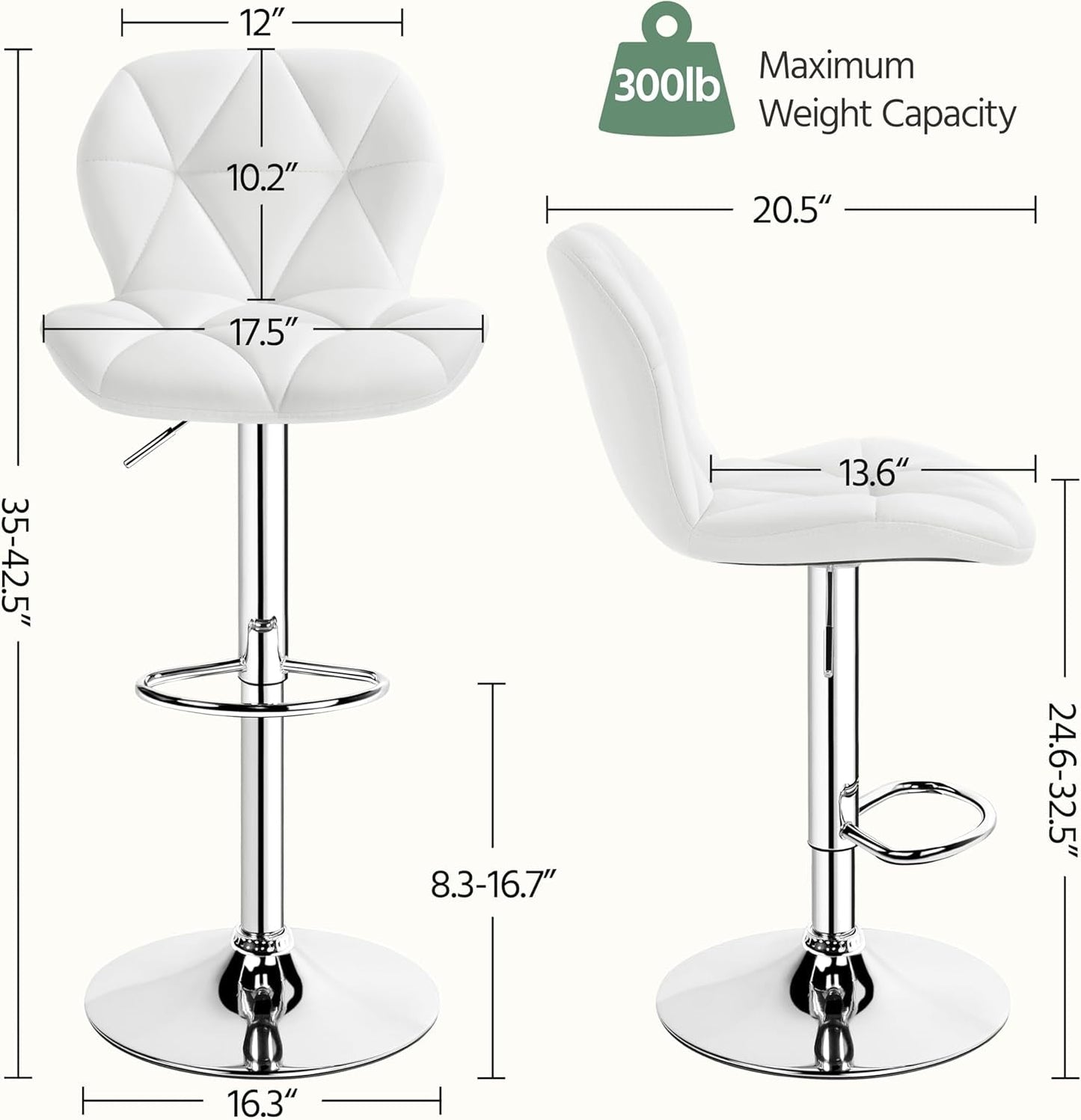 Pair Of White PU Leather Height Adjustable Bar Stools