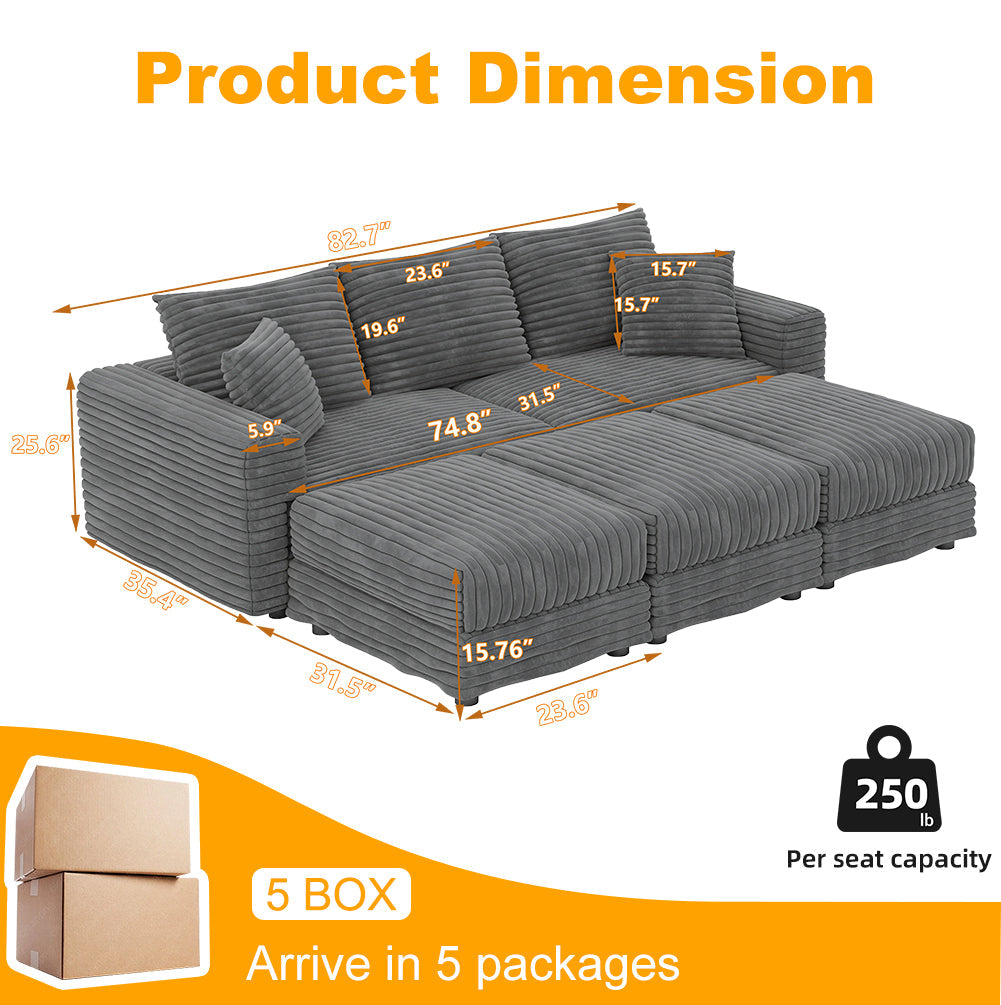 Plush Corduroy 3-Seat Sofa
