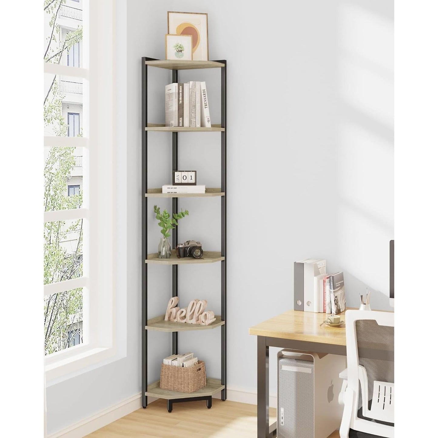 6-Tier Greige Corner Shelf Stand For Living Room And Office