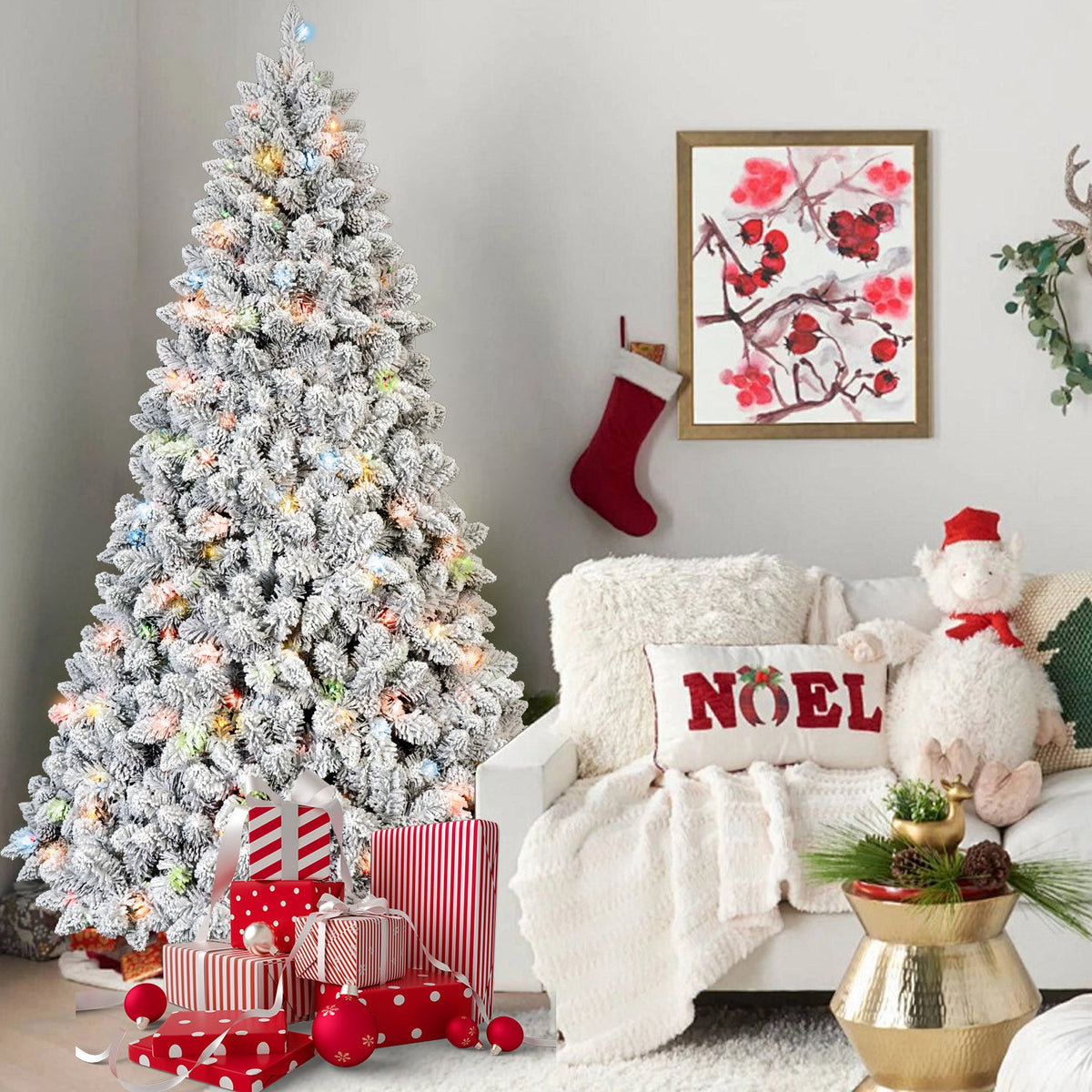 6FT Flocked Christmas Tree with 350 Colorful UL Lights and 36 Pine Cones