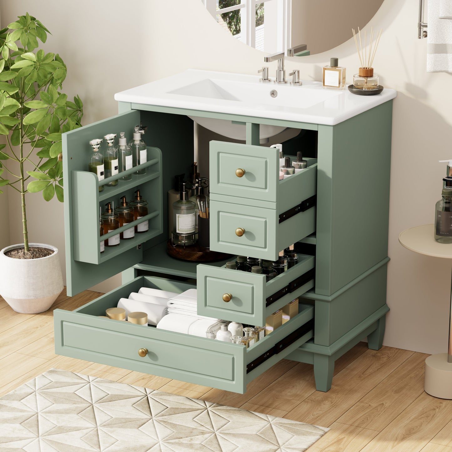 30" Bathroom Vanity with Sink, One Door and Three Drawers