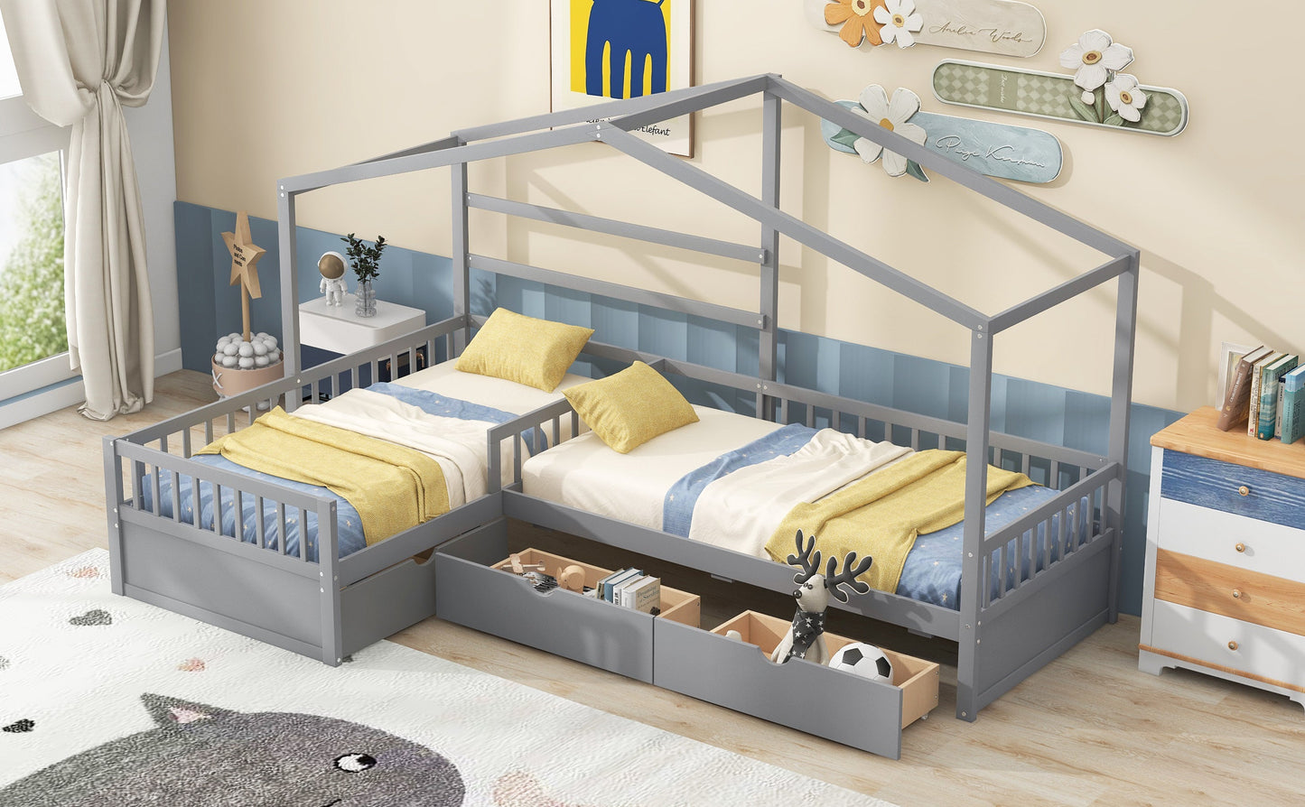 Twin Size House Platform Bed with Three Storage Drawers