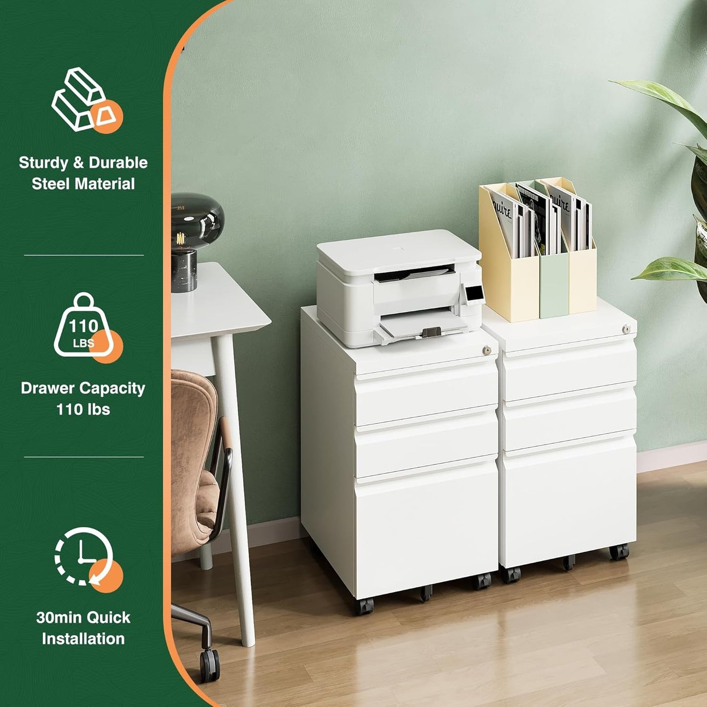 3 Drawer Mobile File Cabinet With Lock Under Desk Filing Cabinet For Home Office