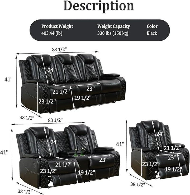 Power Recliner Set With LED Lights And Wireless Charger USB Port