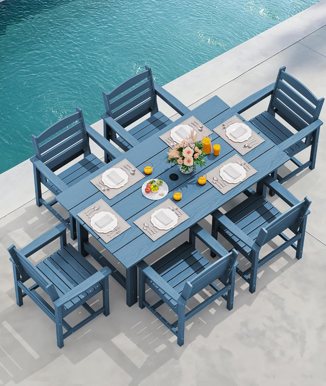 7 Piece Patio Dining Set Outdoor HDPE Table Blue Chairs