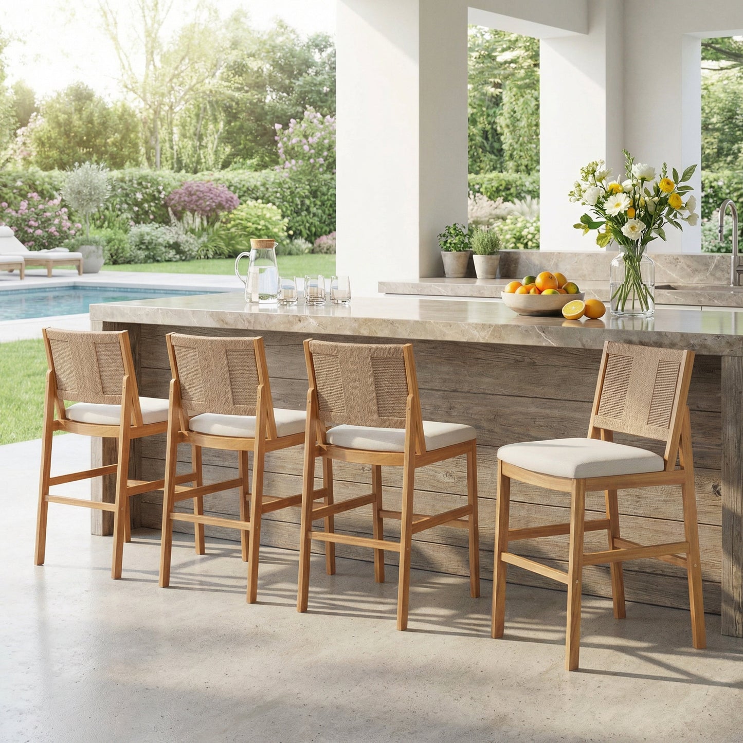 4 Pieces Natural Outdoor Bar Stool Solid Acacia Wood and Woven Wicker