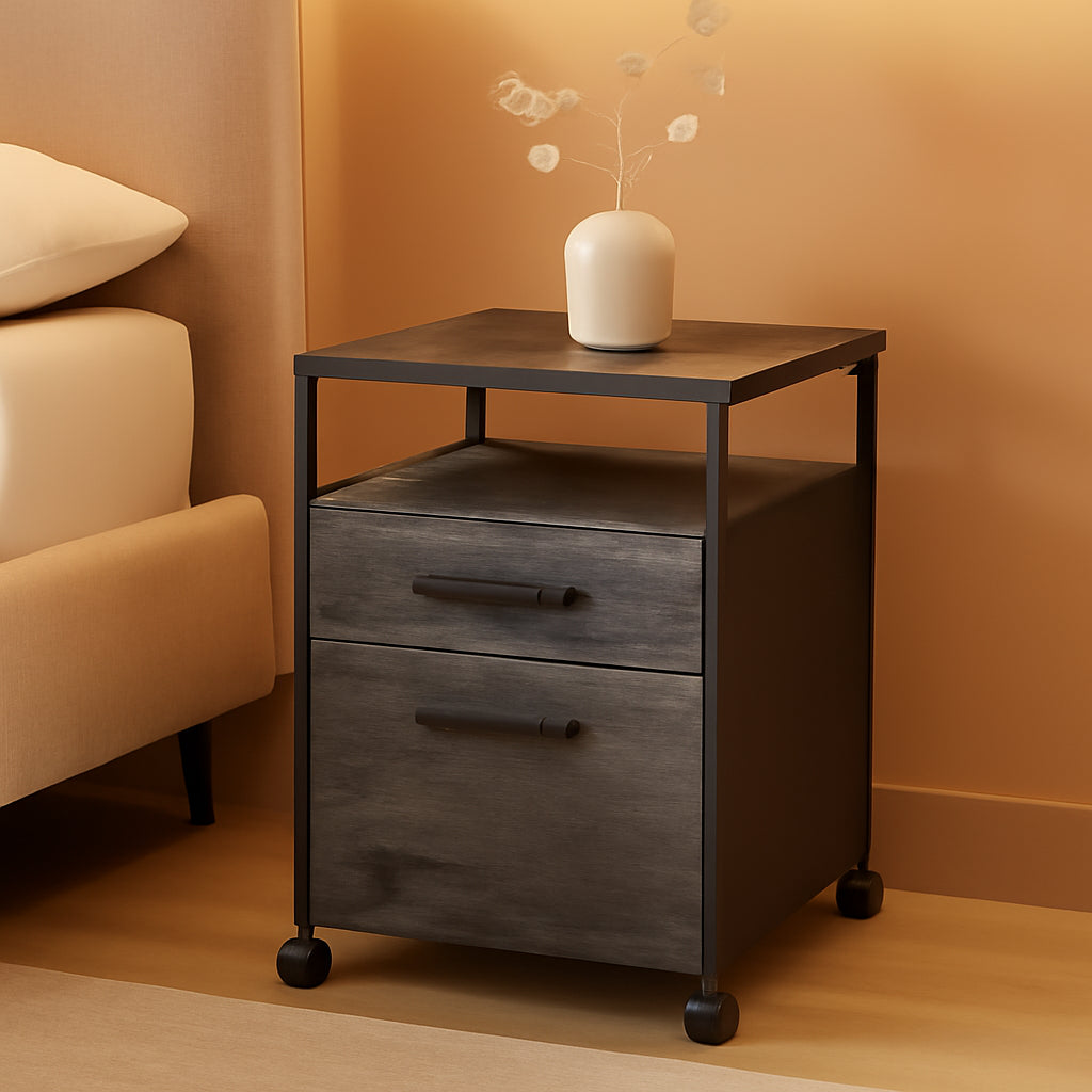 Mobile File Cabinet With Wheels 2 Drawers Open Shelf Charcoal Gray And Ink Black