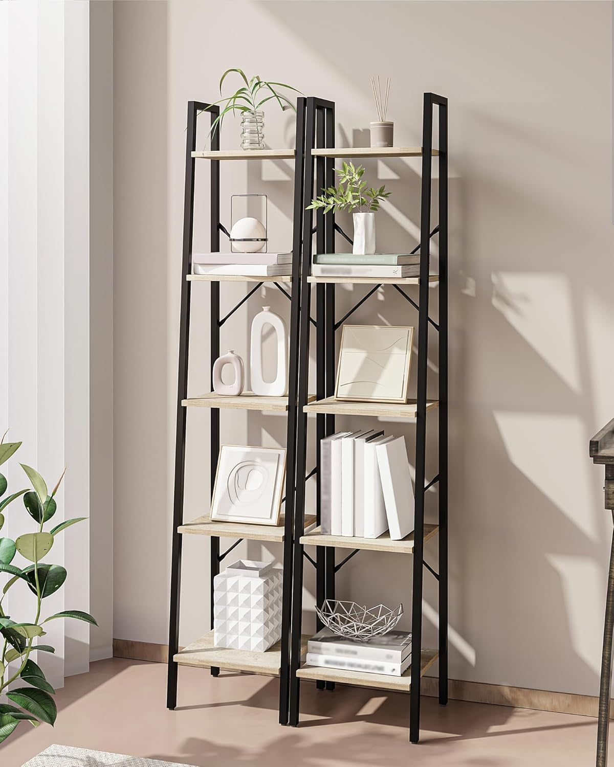 Greige 5 Tier Ladder Shelf Bookcase Freestanding Corner