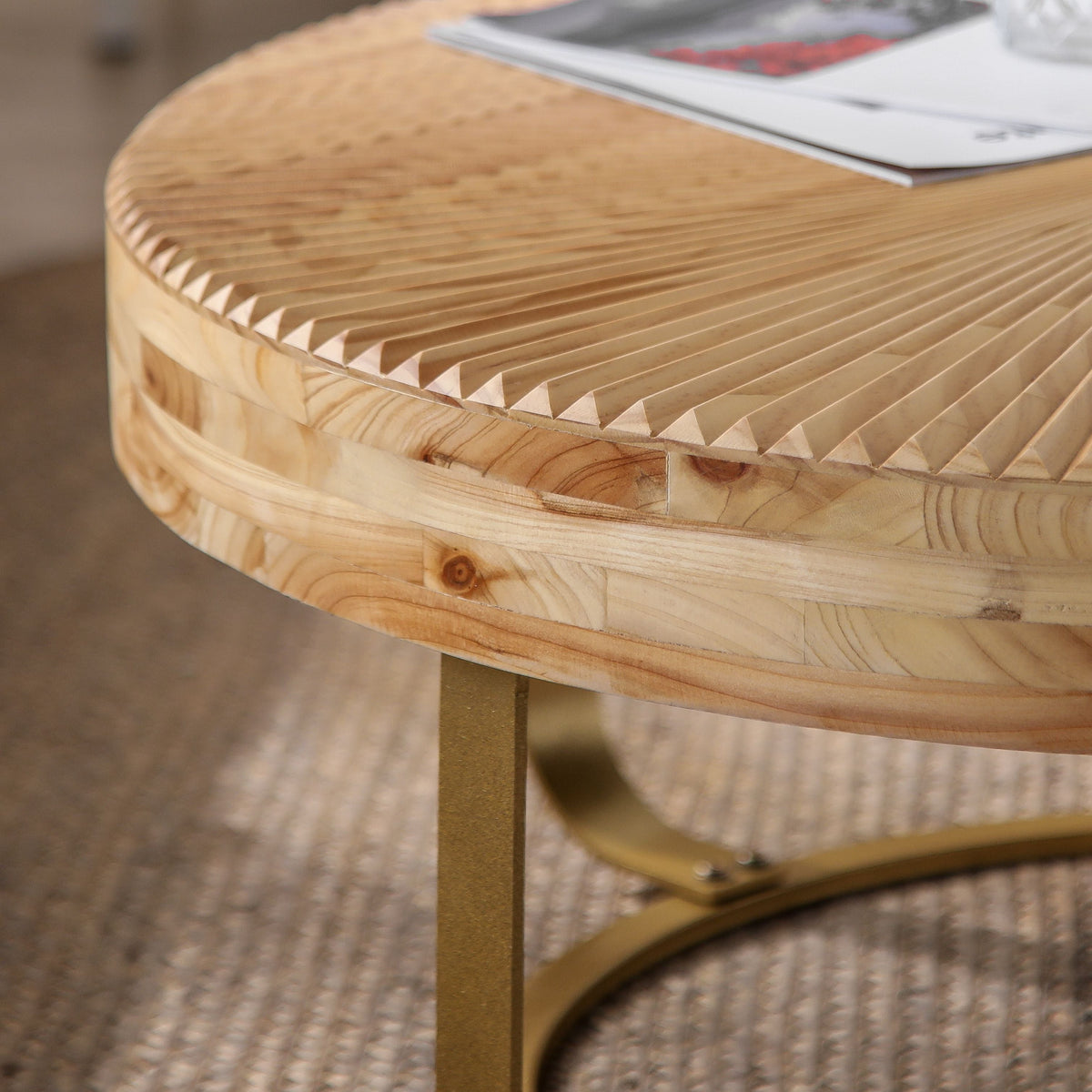 Modern Round Coffee Table with Wooden Carving Pattern