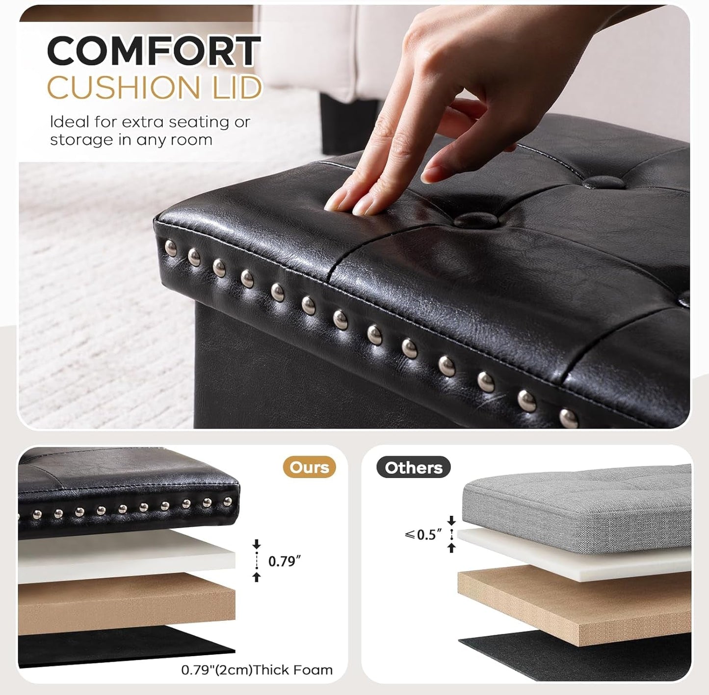 Faux Leather Folding Storage Ottoman 30 Inch Size Black