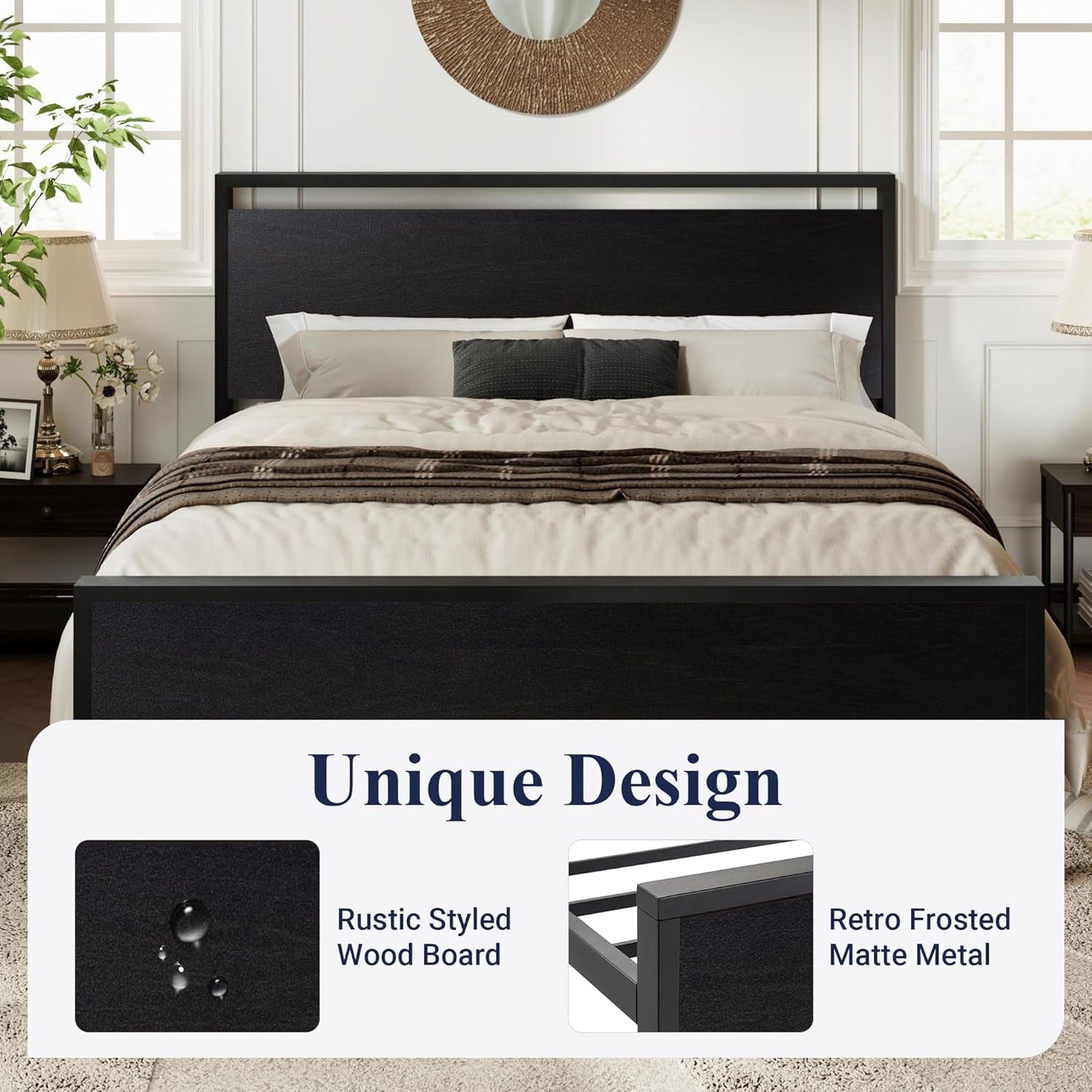 Queen Platform Bed Frame With Wooden Headboard And Footboard Black Oak