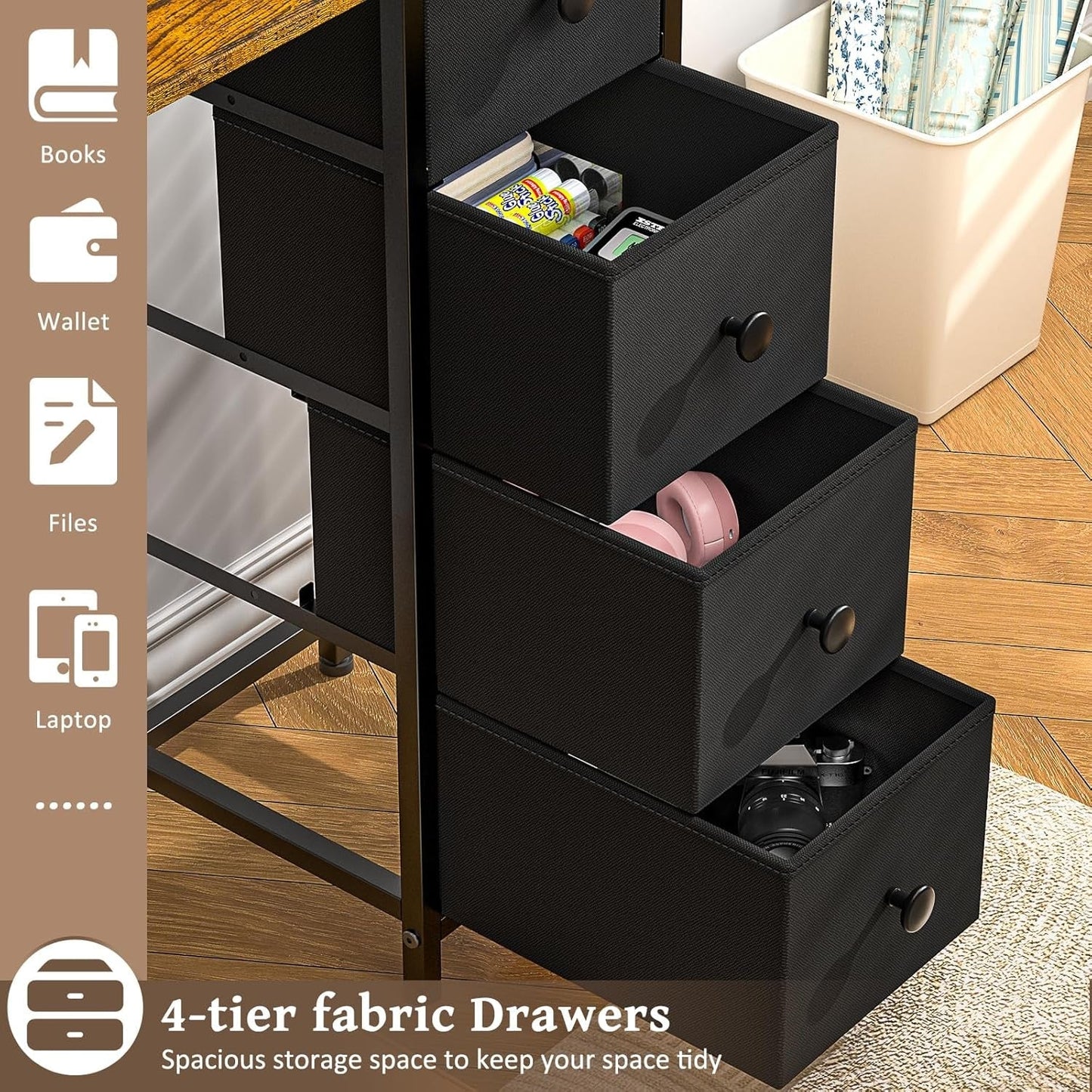 Rustic Brown Home Office Computer Desk With Fabric Drawers