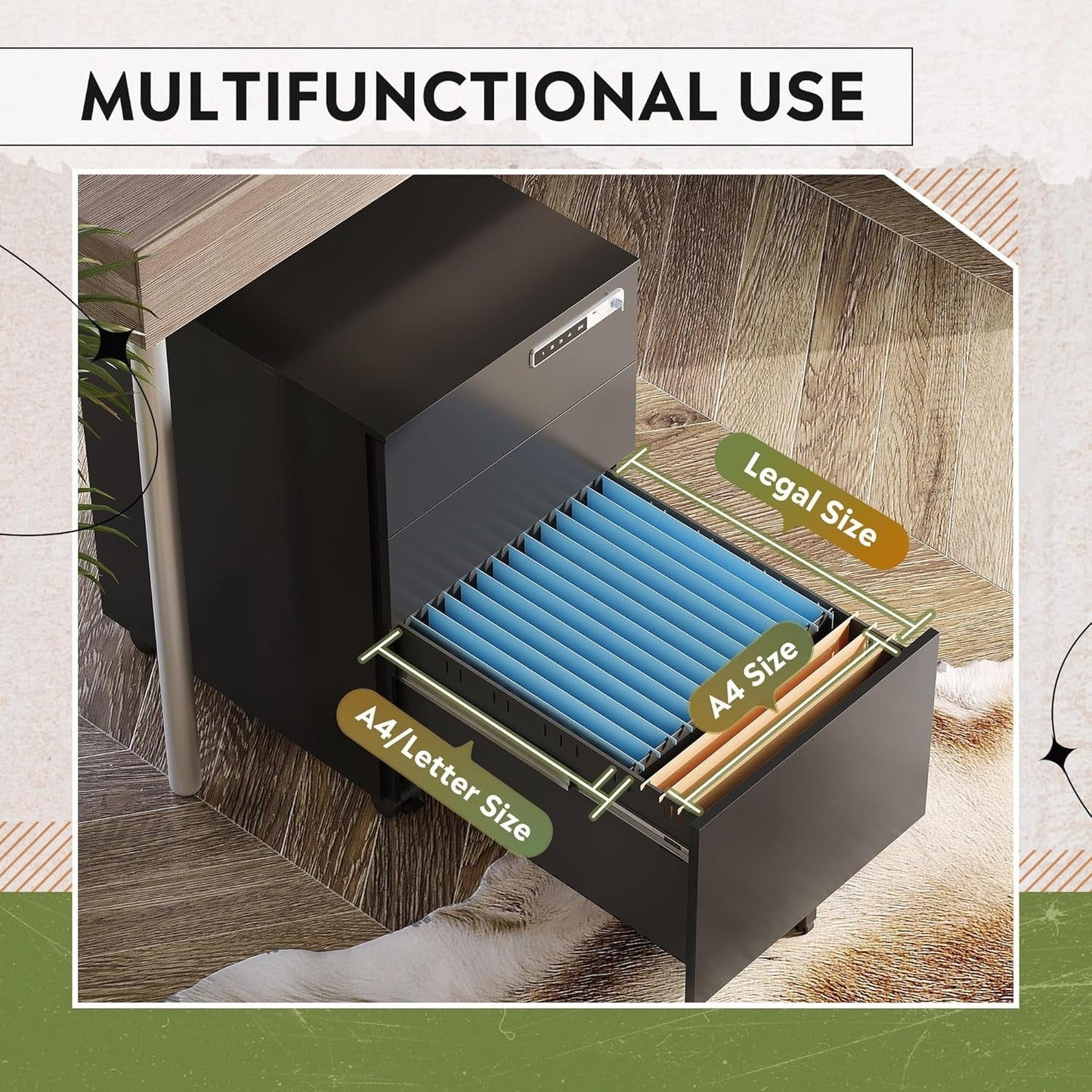 Locking 3 Drawer Steel File Cabinet With Digital Lock